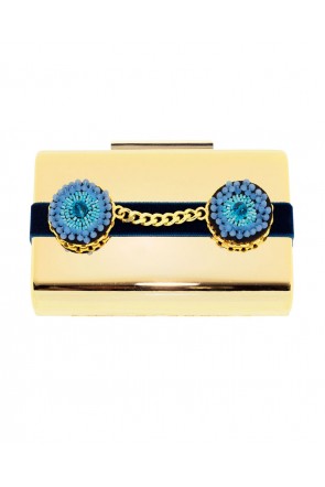 clutch   base laton dorado  con tira azul terciopelo y ojos de canutillos y piedra brillante y cadena dorada fiesta evento boda coctel nochevieja apparentia