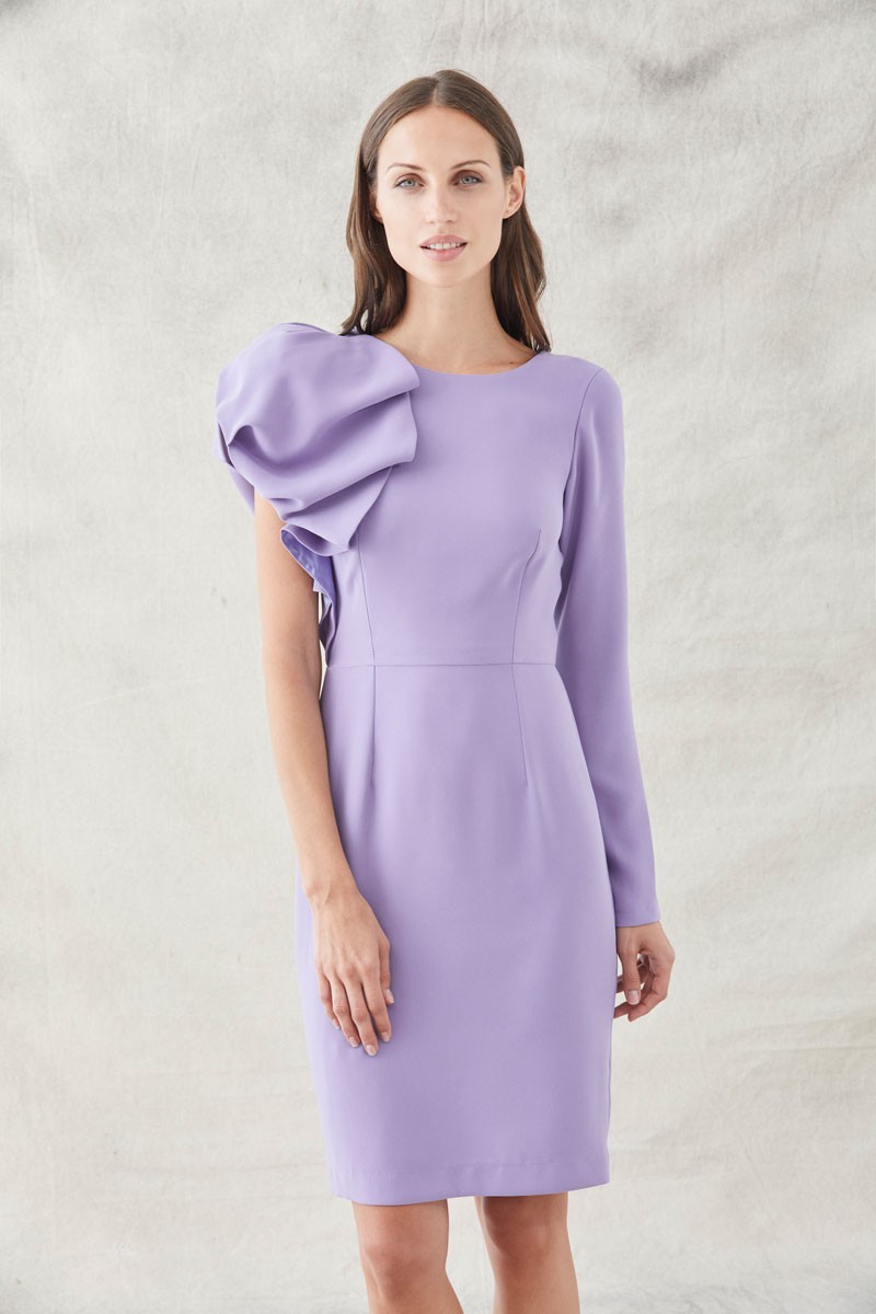 vestido corto lila manga abullonada bollito hombro falda recta para invitadas de boda eventos fiesta apparentia