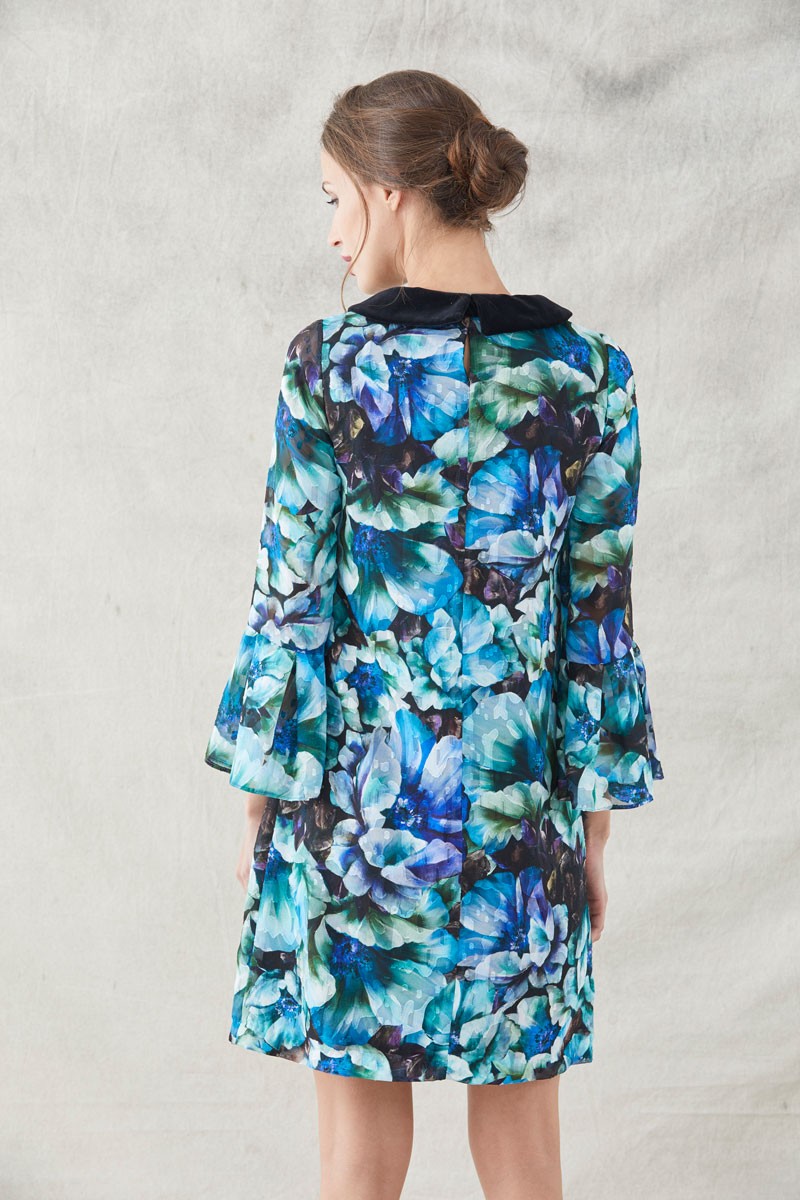 vestido corto evase estampado mangas largas con volantes para eventos bodas invitadas shopping