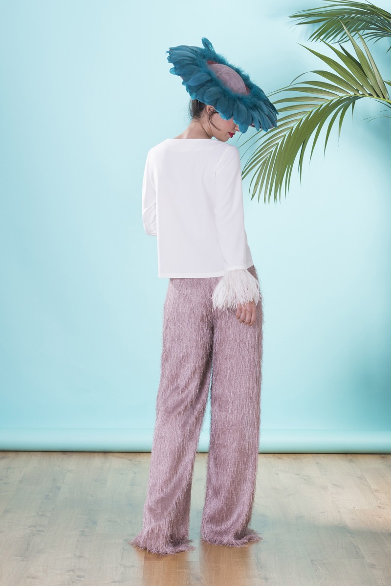 pantalones de vestir para bodas en color rosa palo con tejido de flecos finos online