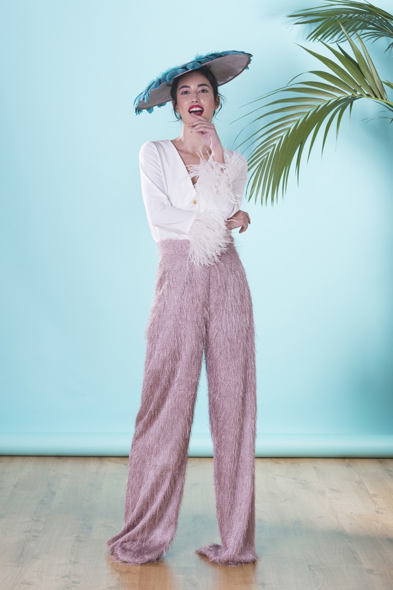 palazzo de fiesta nude con flecos brillo para invitadas a boda, eventos, bbc de apparentia