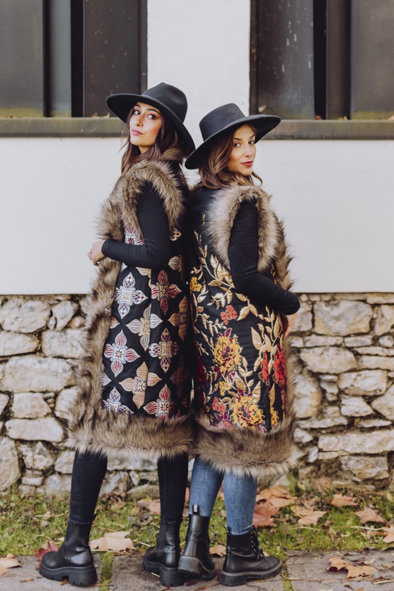 comprar online chaleco brocado jacqurad negro y dorado estilo étnico con pelo prenda de abrigo de apparentia para invierno y primavera