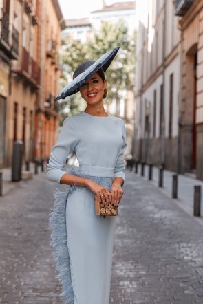  comprar Vestido midi azul con manga larga y pluma en cintura y falda con largo tobillero para invitadas boda, madre de bautizo, comunion