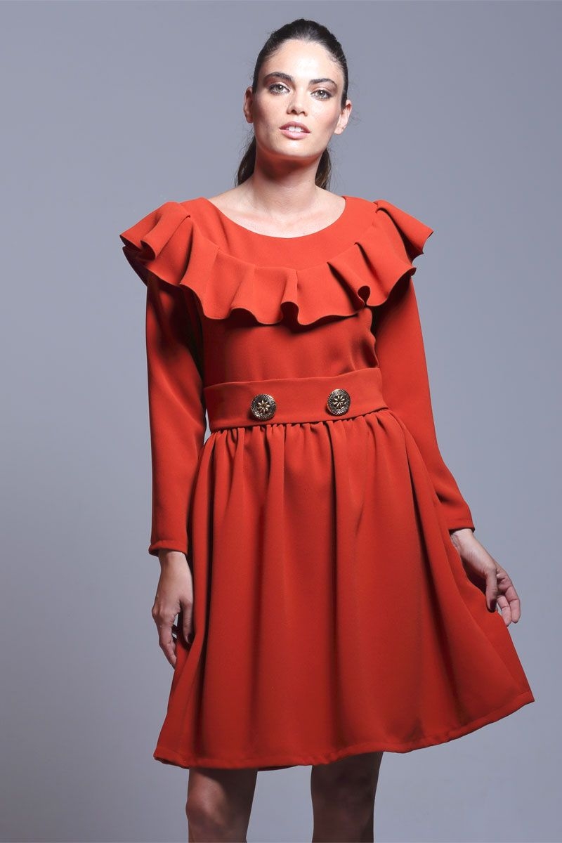 vestido de volantes de vuelo de manga larga teja con cinturilla para eventos trabajo ocasiones especiales de otoño invierno de apparentia