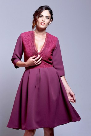 vestido de vuelo de fiesta marsala con manga francesa encaje de guipur de otoño invierno para bodas eventos nochevieja fiestas coctel de apparentia