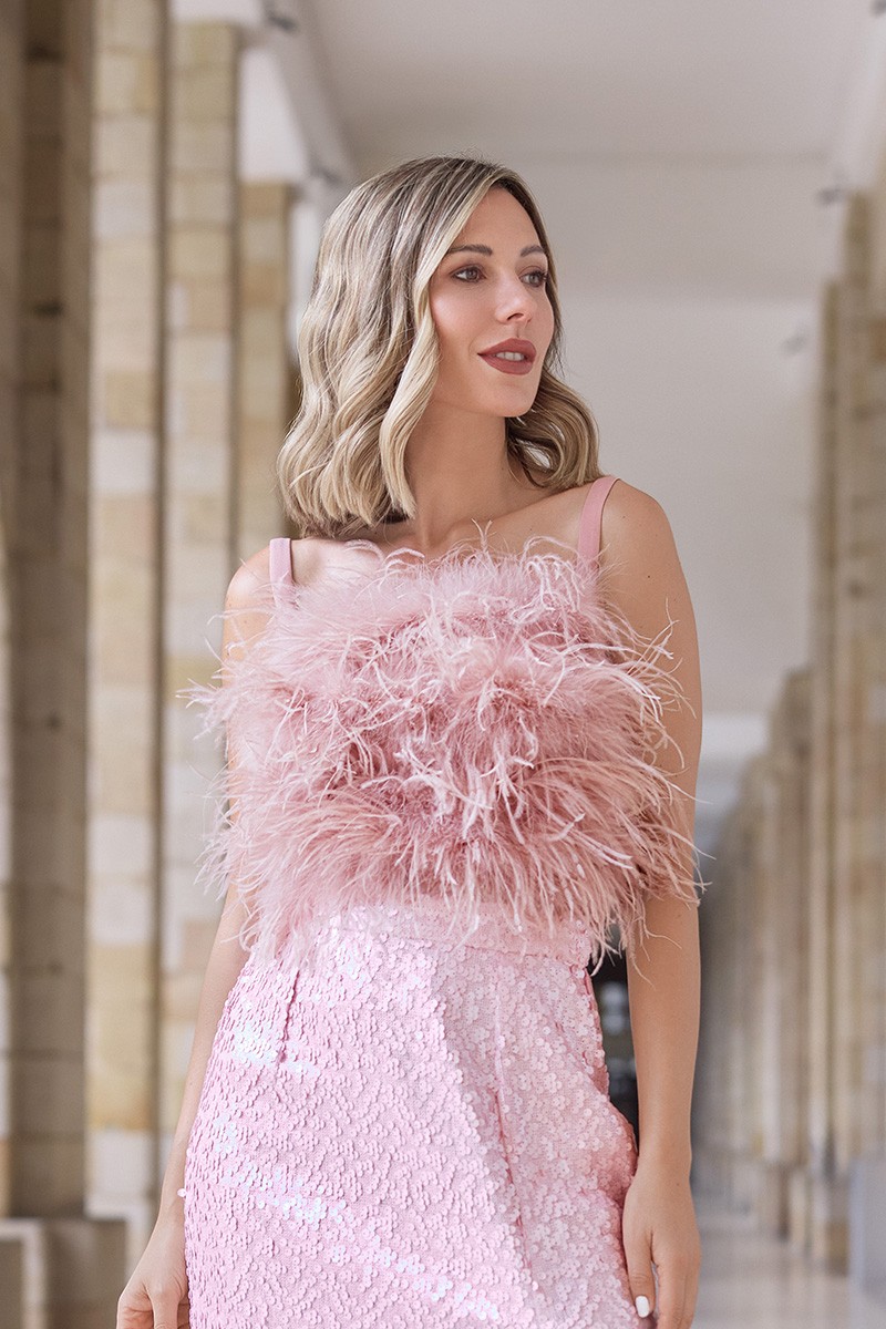 Top de fiesta con pluma en crepe rosa ideal para invitadas boda de dia, o mama de bautizo o comunion, shoponline, apparentia, graduacion, confirmacion