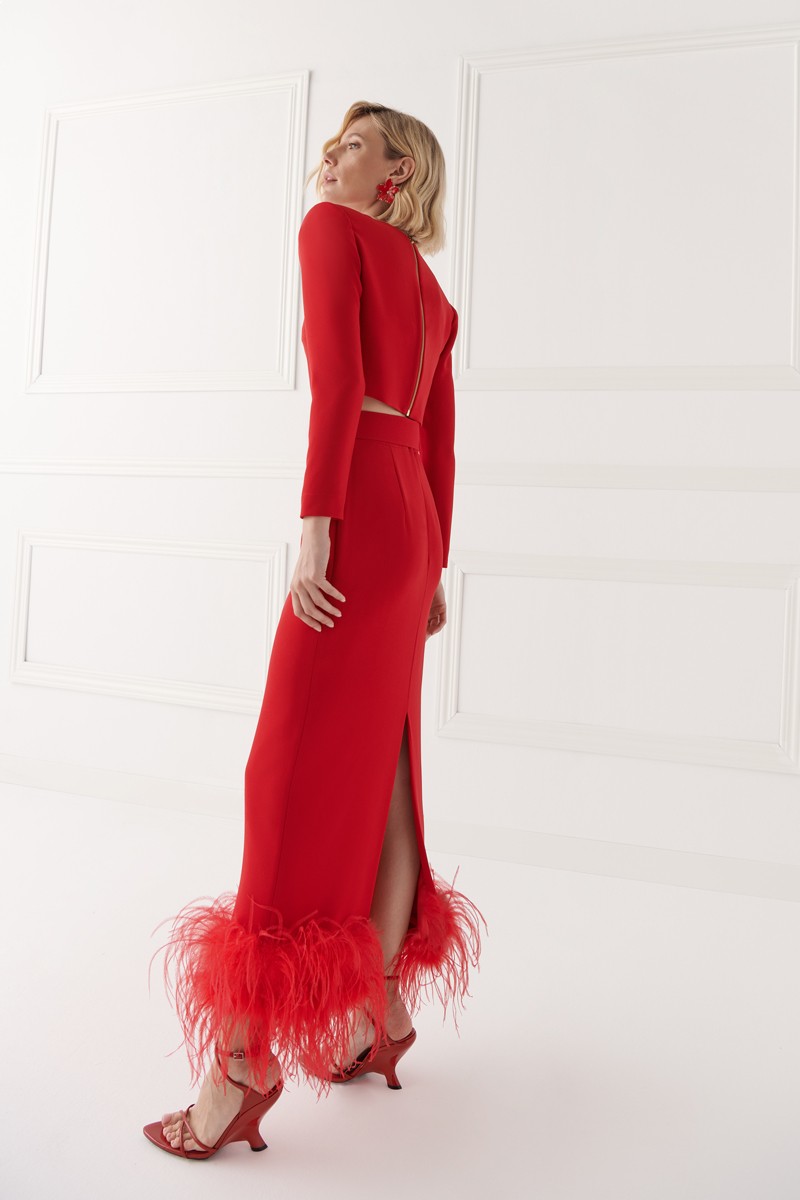 top cropped corto confeccionado en crepe rojo, escote a la caja y manga larga con hombreras para invitada a boda, fiesta, evento, invitadas, shoponline apparentia