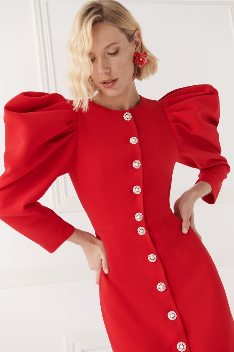 vestido de fiesta en crepe rojo con mangas jamon con volumen y botones joya para invitada a boda, comunion, bautizo, fiesta navidad, madrina