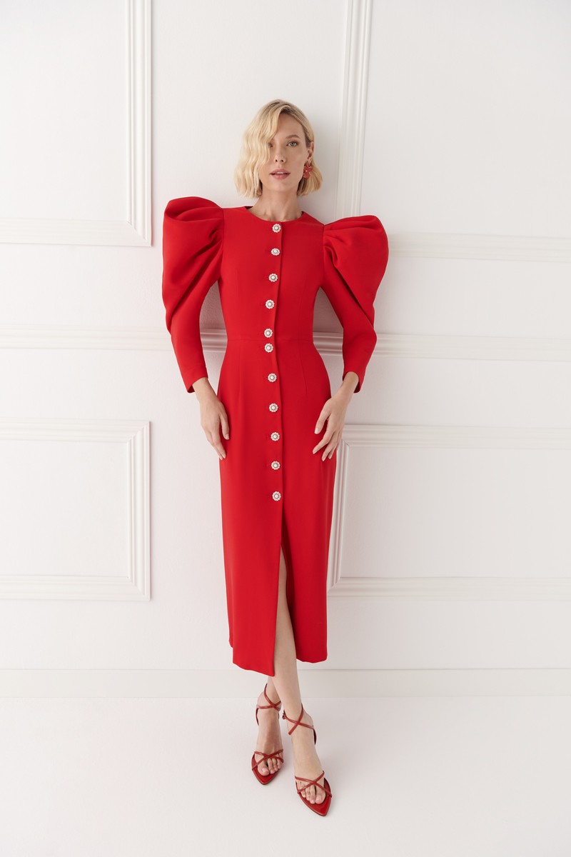 comprar vestido de fiesta en crepe rojo con mangas jamon con volumen y botones joya para invitada a boda, comunion, bautizo, fiesta navidad, madrina