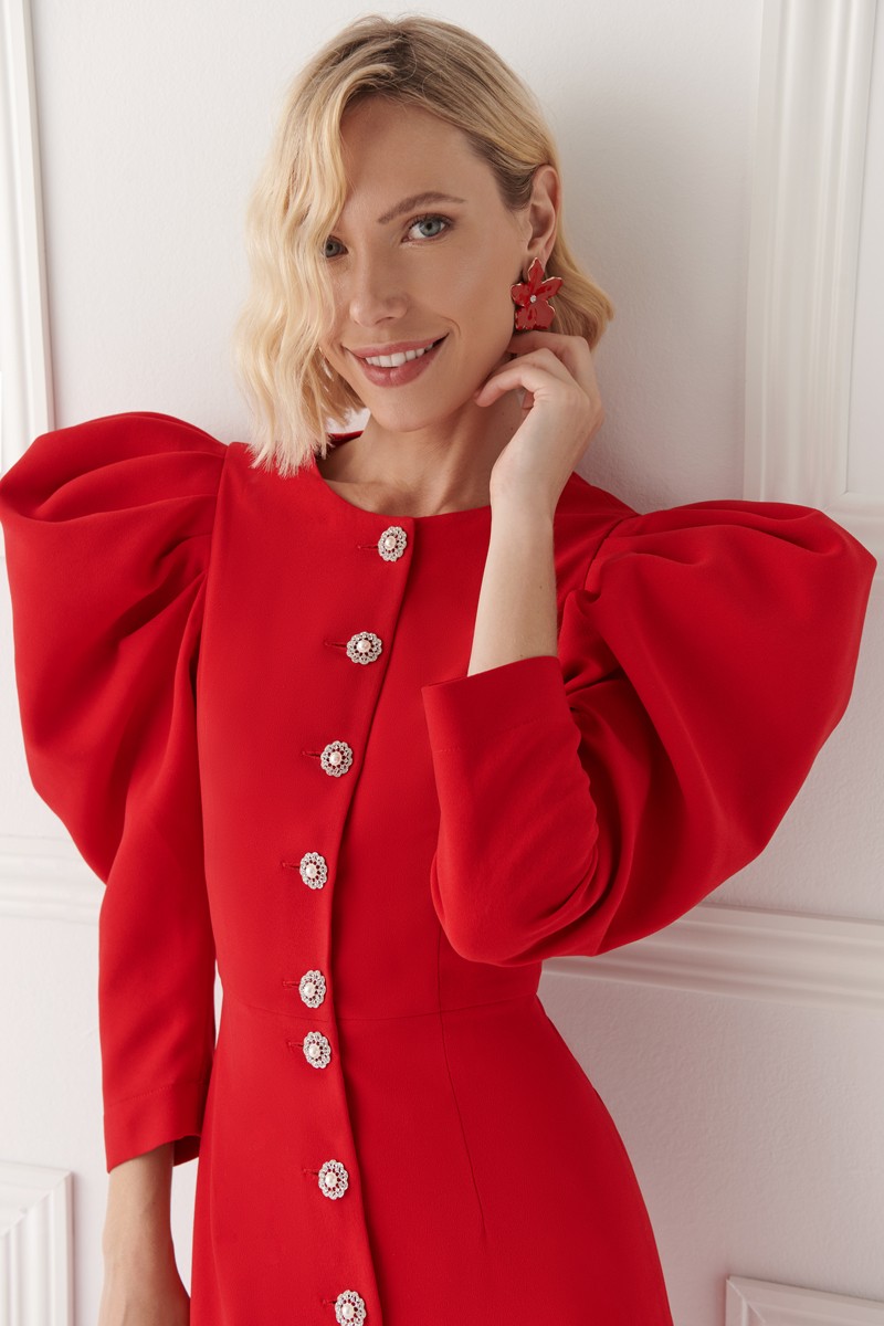 comprar vestido rojo con mangas jamon con volumen y botones joya para invitada a boda, comunion, bautizo, fiesta navidad, madrina