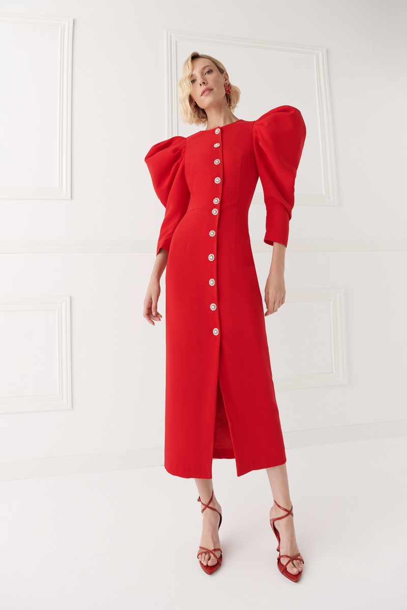 vestido en crepe rojo con mangas jamon con volumen y botones joya para invitada a boda, comunion, bautizo, fiesta navidad, madrina