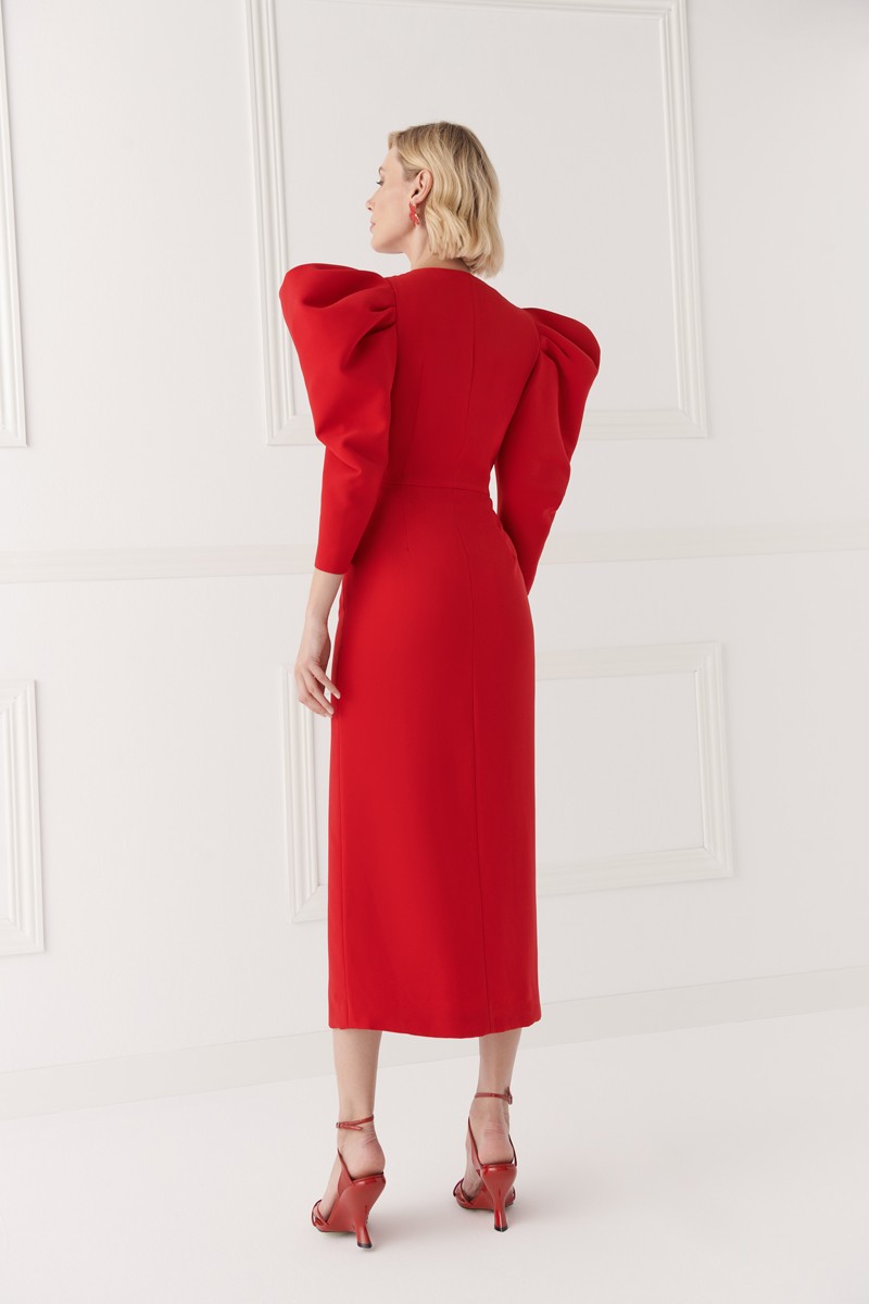 comprar vestido de fiesta en crepe rojo con mangas jamon con volumen y botones joya para invitada a boda, comunion, bautizo, fiesta navidad, madrina