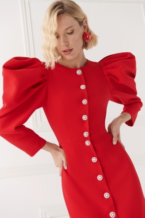 vestido de fiesta en crepe rojo con mangas jamon con volumen y botones joya para invitada a boda, comunion, bautizo, fiesta navidad, madrina