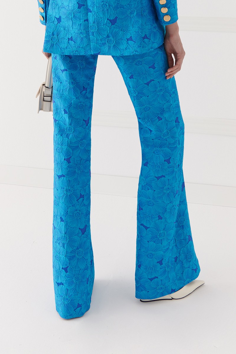 Pantalón jacquard brocado azul flores para invitadas bodas, bautizo, eventos, cocktail, fin de semana, nochevieja, shoponline, apparentia