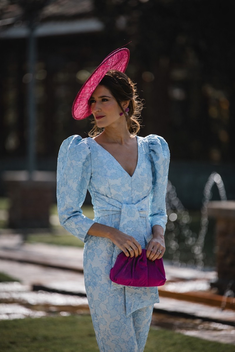 jumpsuit jacquard aguamarina con manga jamon, pantalon estrecho y lazada en cintura para invitadas boda verano, graduacion, mama de comunion omama de bautizo