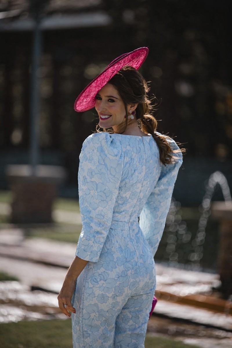 compras Mono de vestir confeccionado en jacquard aguamarina con manga jamon, pantalon estrecho y lazada en cintura para invitadas boda verano, graduacion, mama de comunion omama de bautizo