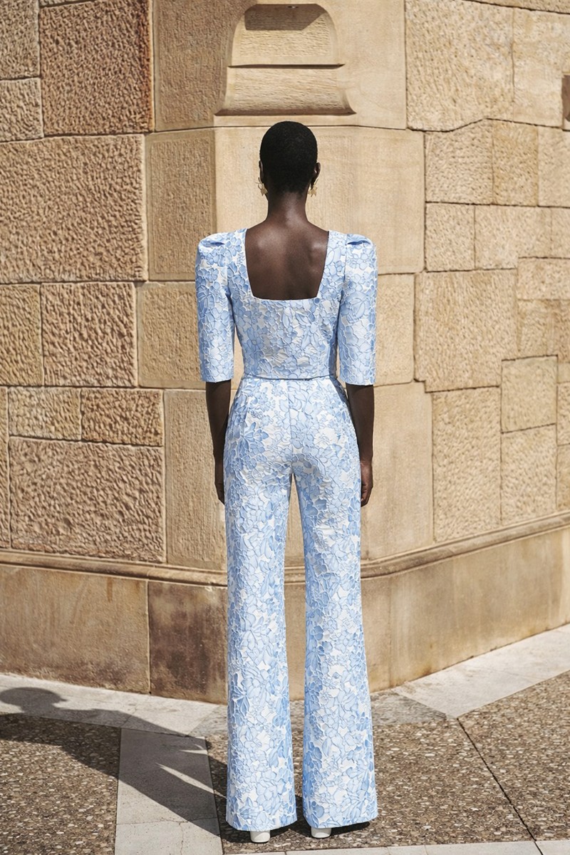 conjunto de top y Pantalon palazzo de jacquard brocado azul claro, conjunto para invitada de boda de día, mamá de bautizo y comunión,