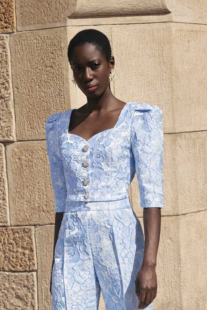 conjunto de top y Pantalon palazzo de jacquard brocado azul claro, conjunto para invitada de boda de día, mamá de bautizo y comunión, comprar online