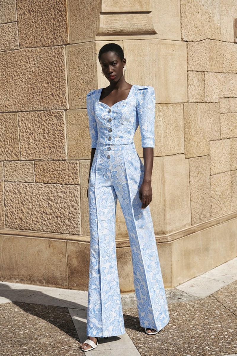Pantalon palazzo brocado azul claro, conjunto para invitada de boda de día, mamá de bautizo y comunión,