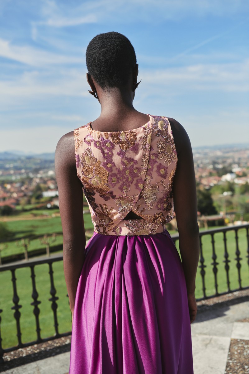 top de gasa lentejuelas cruzadocomprar top con gasa lentejuelas en tonos melocoton, dorado y morado, con espalda cruzada para invitadas a boda de dia, noche, bautizo, comunion, graduacion, navidad, shoponline, apparentia, confirmacion, boda  en tonos