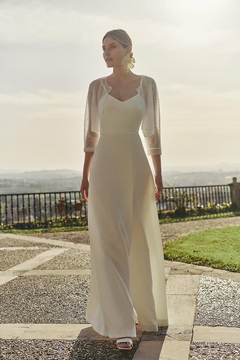 chaqueta corta joya con perlas para novia civil, mama de bautizo o comunion, segundo vestido de novia
