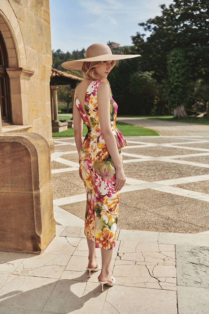 comprar Vestido jacquard estampado flores con peplum en cintura sin mangas para invitadas de boda bautizo graduacion comuniones cena de empresa coctel y eventos