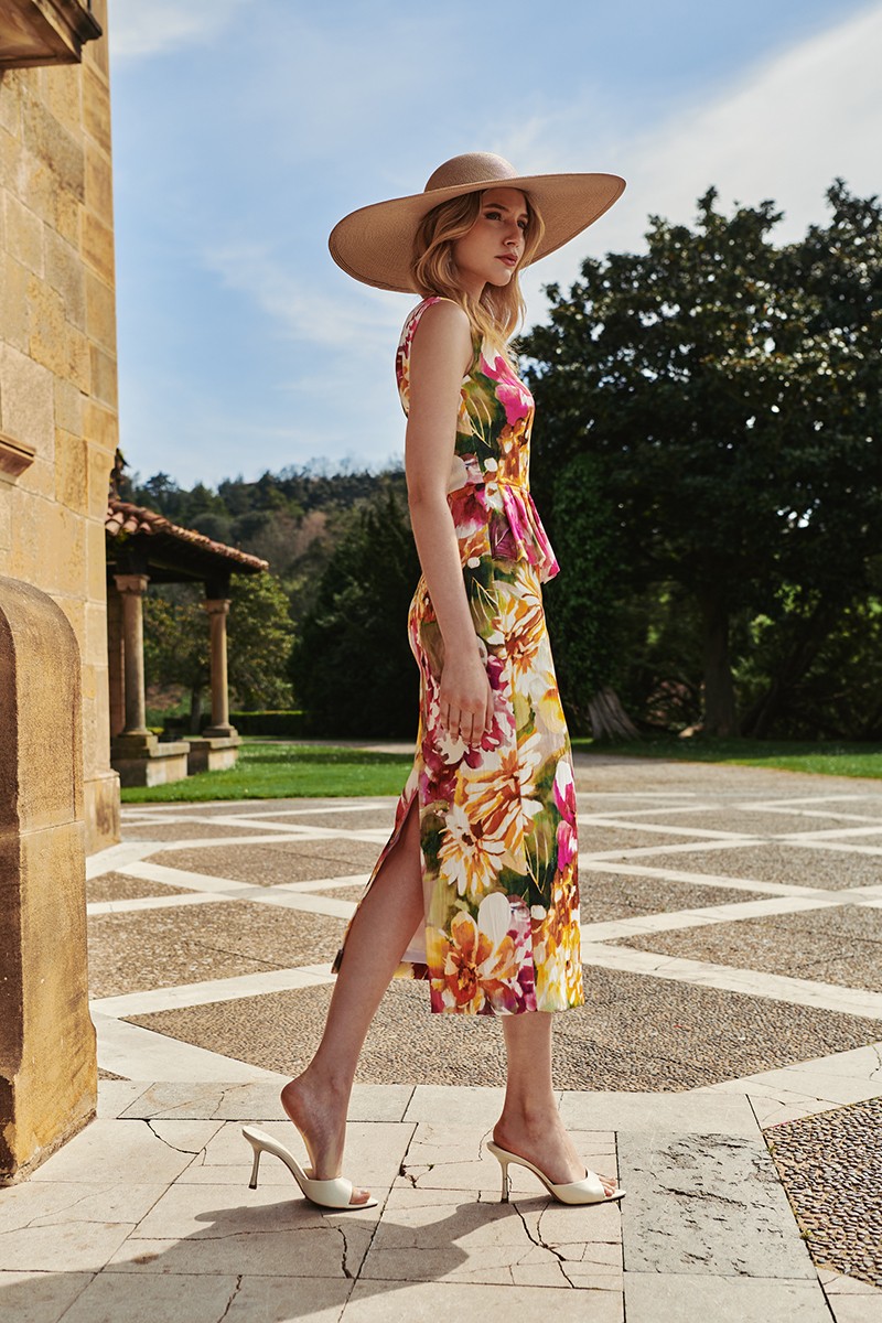 Vestido brocado estampado flores con peplum en cintura sin mangas para invitadas de boda bautizo graduacion comuniones cena de empresa coctel y eventos