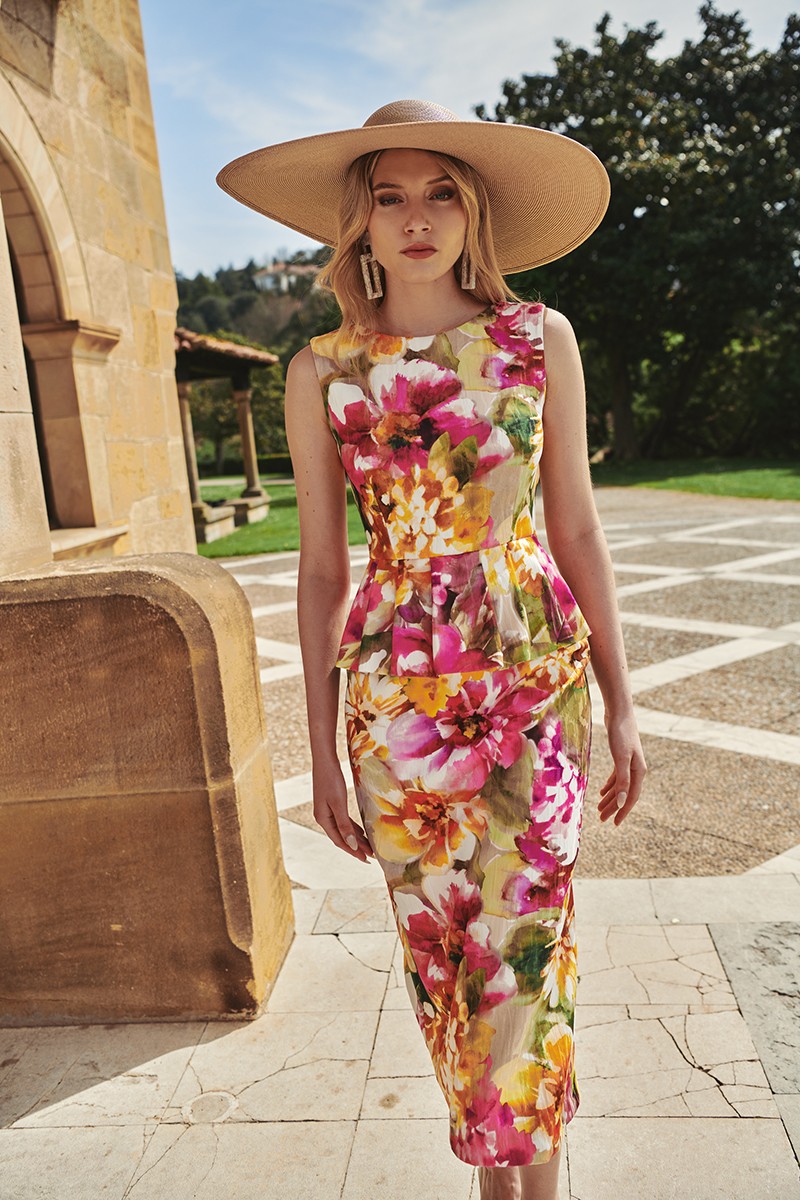 Vestido elastico estampado flores con peplum en cintura sin mangas para invitadas de boda bautizo graduacion comuniones cena de empresa coctel y eventos