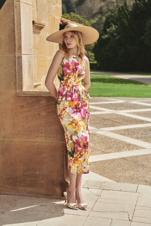 Vestido  brocado estampado flores con peplum en cintura sin mangas para invitadas de boda bautizo graduacion comuniones cena de empresa coctel y eventos