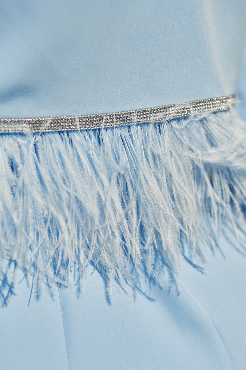 chaqueta joya corta crepe azul con plumas y pasamaneria para mama de bautizo o comunion