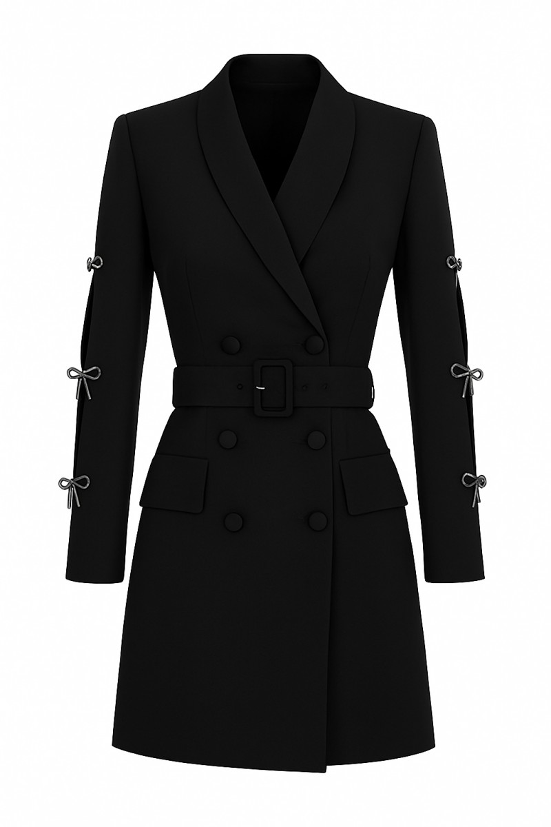 vestido esmoquin  corto negro  con manga con lazos joya para invitada a boda, bautizo, comunion, coctel, graduacion, fiesta, comprar online, mangas aberturas