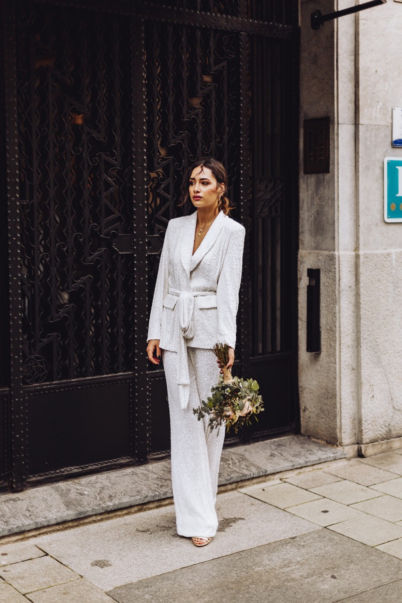 traje de novia de chaqueta y pantalon de lentejuelas para boda íntima, segundo vestido de novia, preboda, evento de trabajo, fiesta