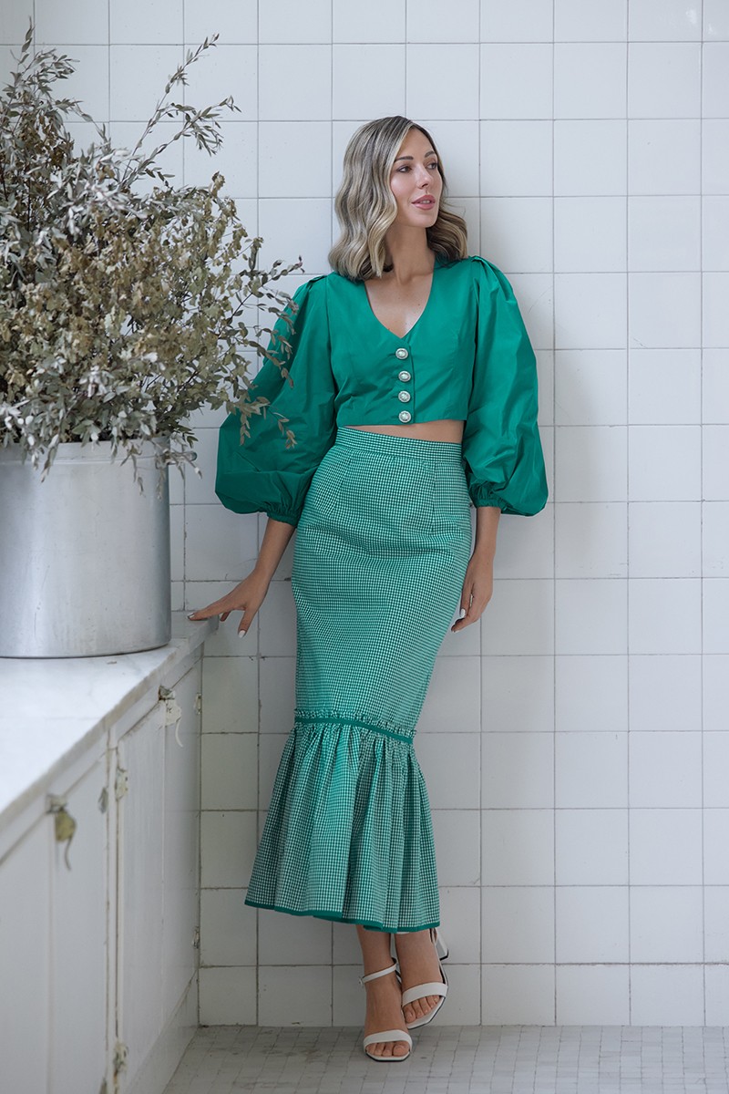 comprar online Falda midi cuadro vichy volantes blanco y verde para invitada a boda, comunion, fiesta, largo midi