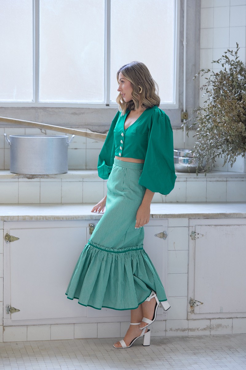 comprar online Falda midi cuadro vichy volantes blanco y verde para invitada a boda, comunion, fiesta, largo midi