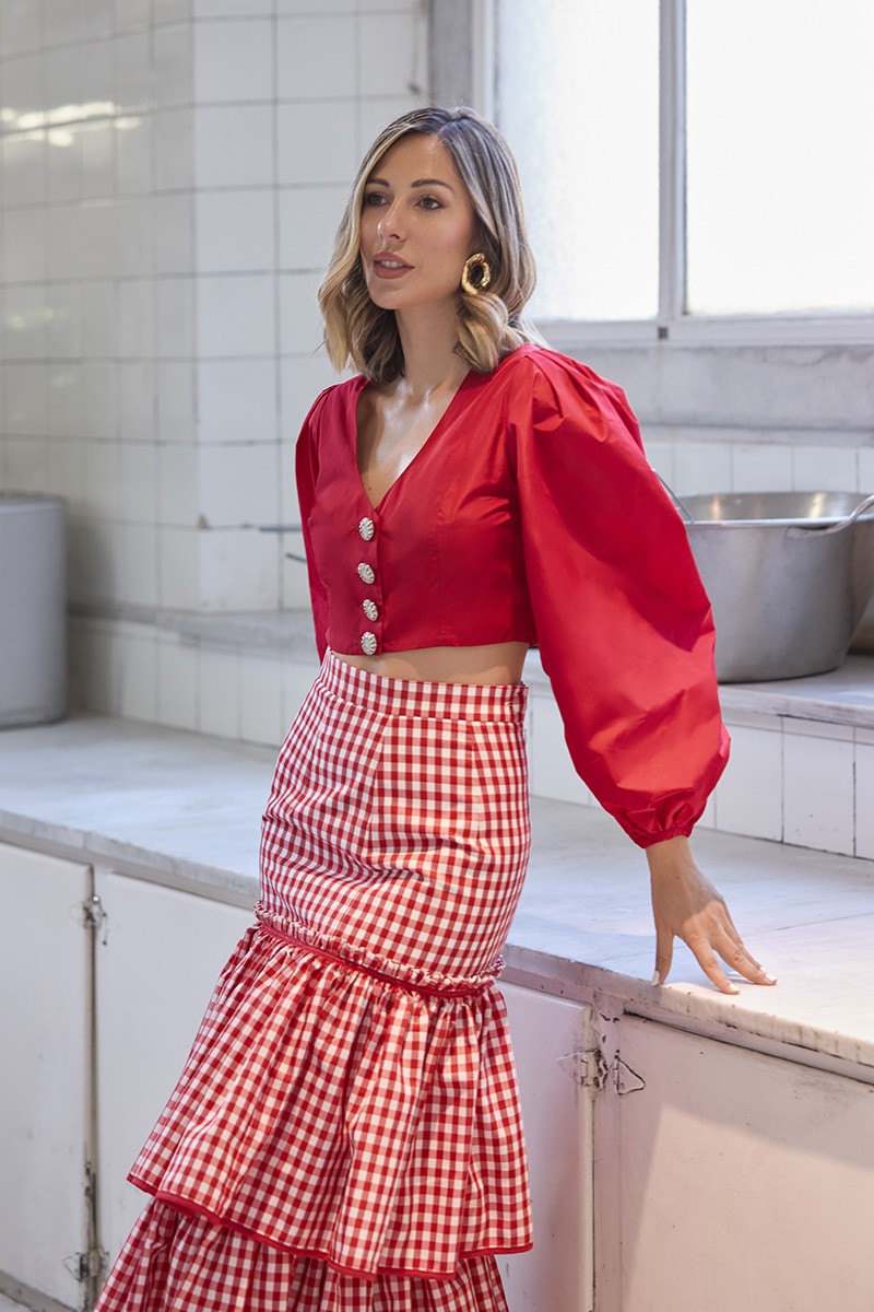 comprar Falda midi cuadro vichy volantes blanco y rojo para invitada a boda, comunion, fiesta, largo midi