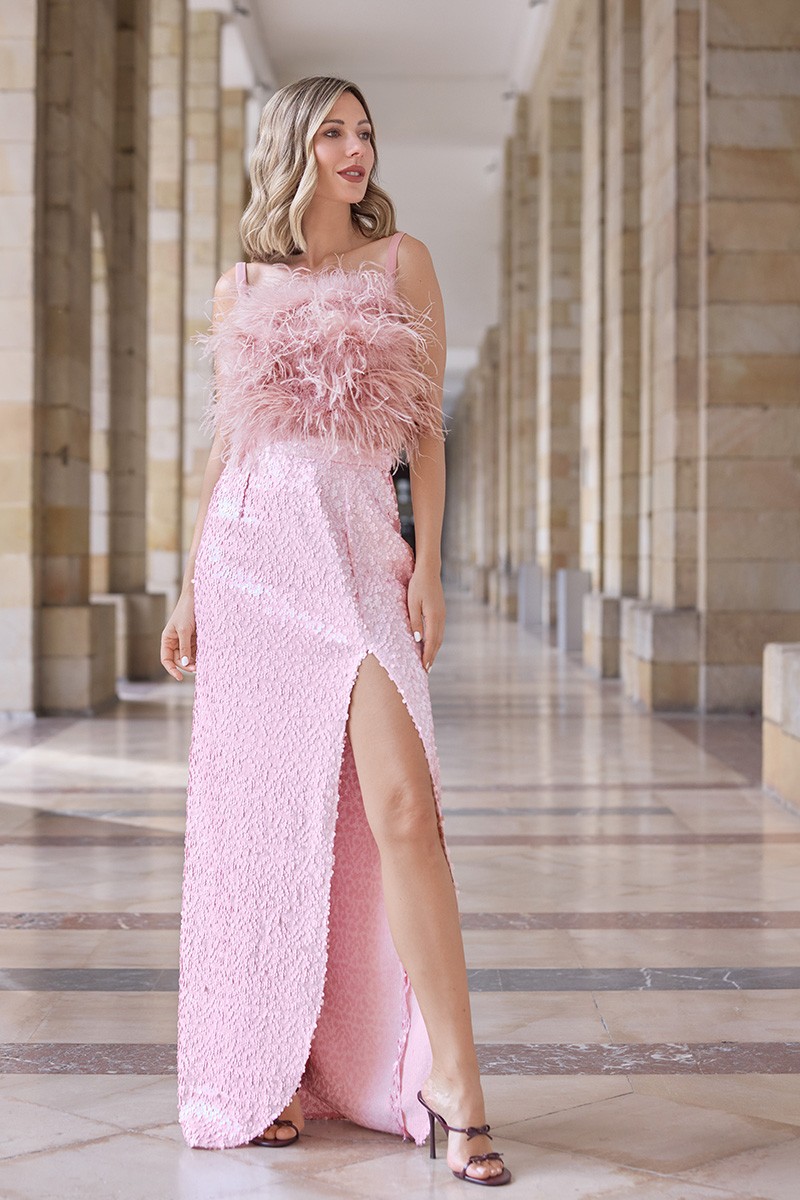 Falda de fiesta larga con abertura pierna con lentejuelas en tonos rosa palo, para invitadas a boda de dia, noche,  graduacion, shoponline, apparentia, confirmacion, boda 